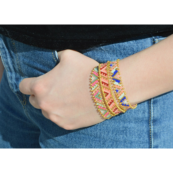 Bracelet Tissé En Perles Miyuki Delica - Turquoise Et Doré, Fait Main En France, Longueur Ajustable